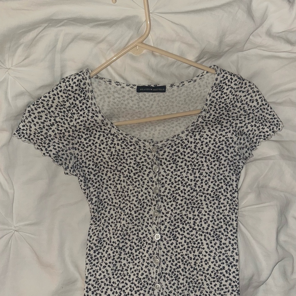 Brandy Melville Black and Navy Mini Flowers Women's Top